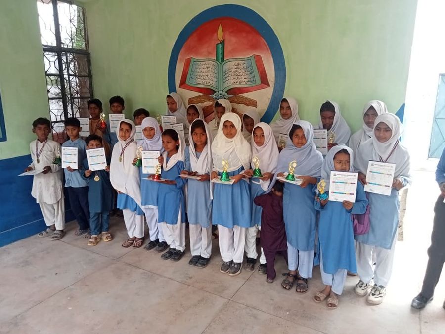 Students with their new books